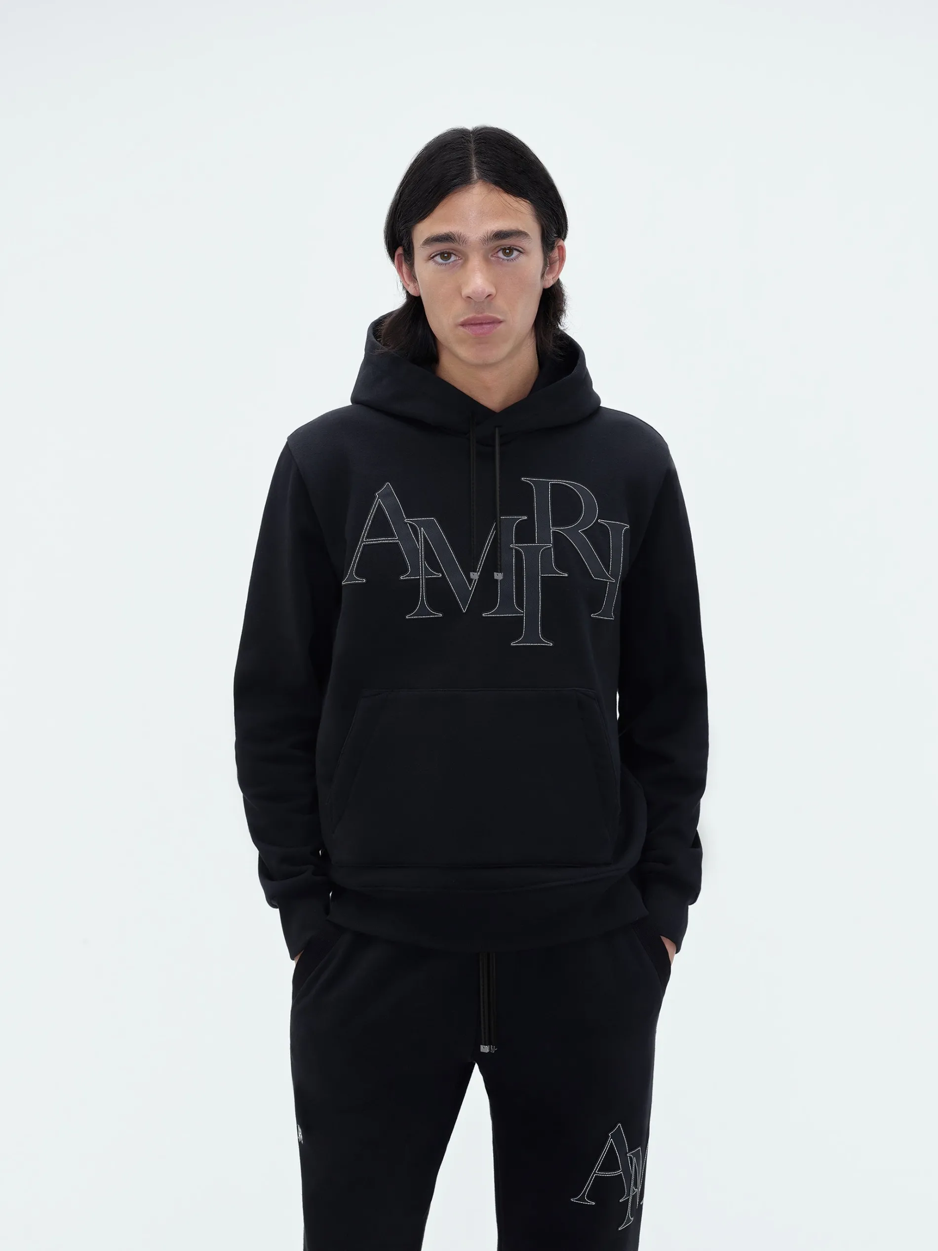 AMIRI Sweatshirts<STAGGERED LOGO HOODIE BLACK