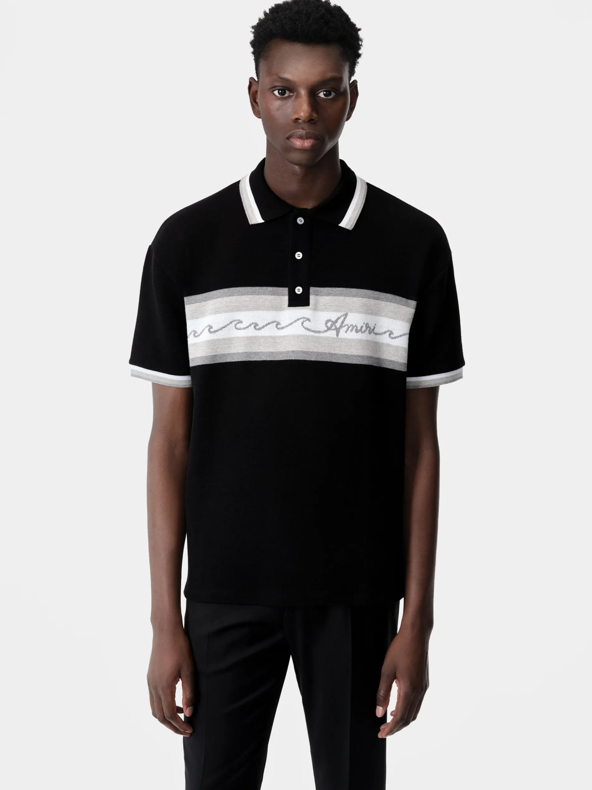 AMIRI Tees<WAVE BAJA STRIPE POLO BLACK
