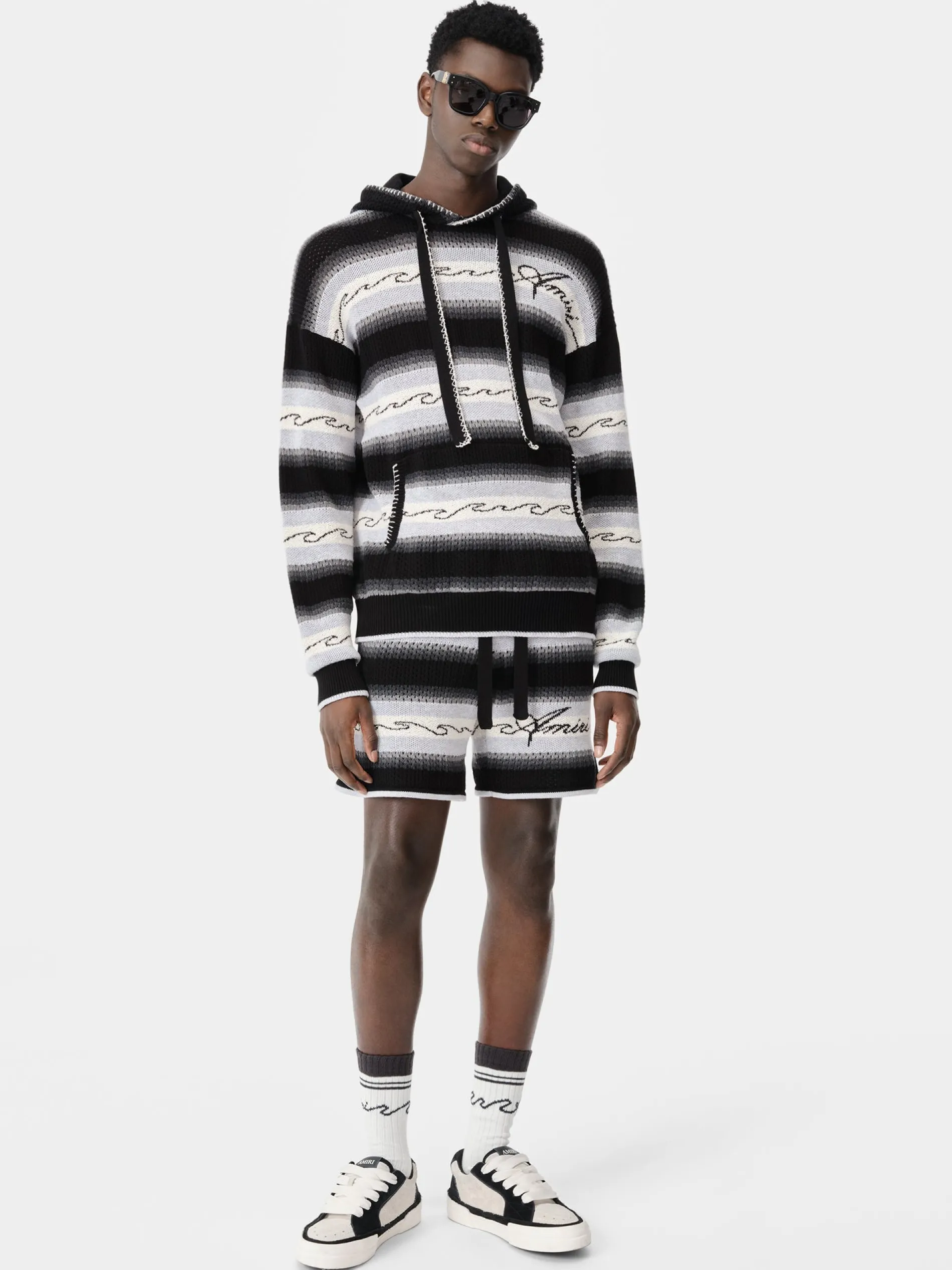 AMIRI Knitwear<AMRI WAVE BAJA STRIPE HOODIE BLACK