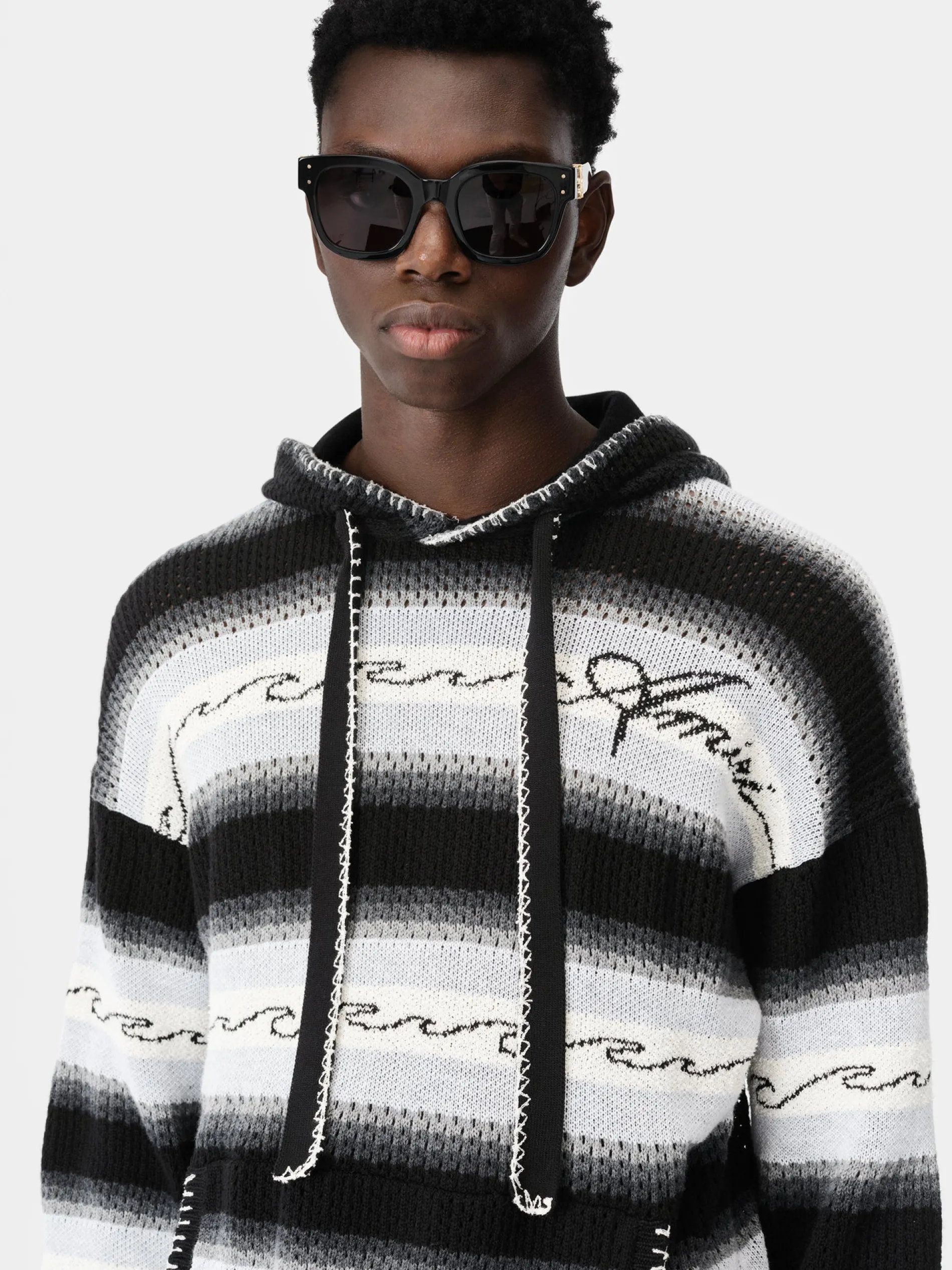 AMIRI Knitwear<AMRI WAVE BAJA STRIPE HOODIE BLACK