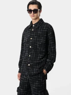 AMIRI Shirts<FLECK TWEED PADDED OVERSHIRT BLACK