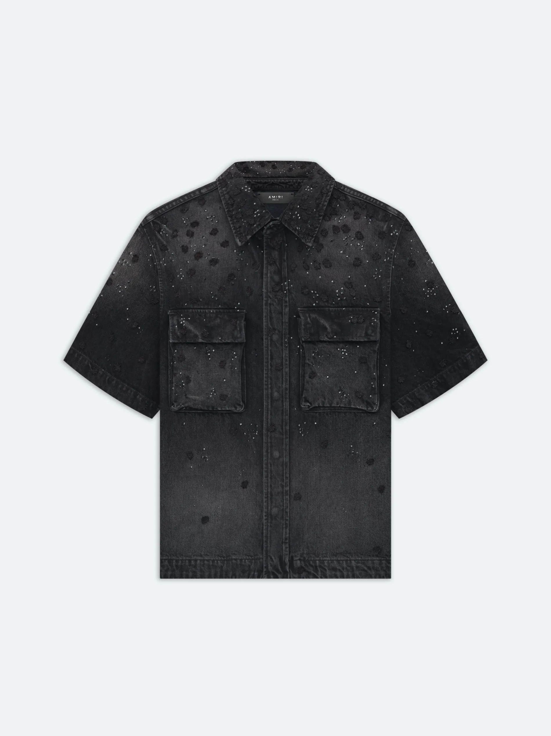 AMIRI Denim<FLORAL CRYSTAL DENIM SHORT SLEEVE SHIRT FADED BLACK