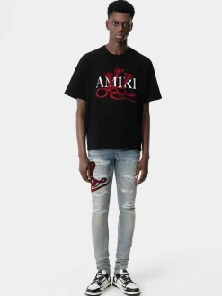 AMIRI Tees<GLITTER POISON LOGO SKATER TEE Black Red