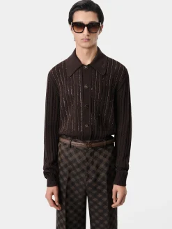 AMIRI Knitwear<LONG SLEEVE POLO DARK BROWN