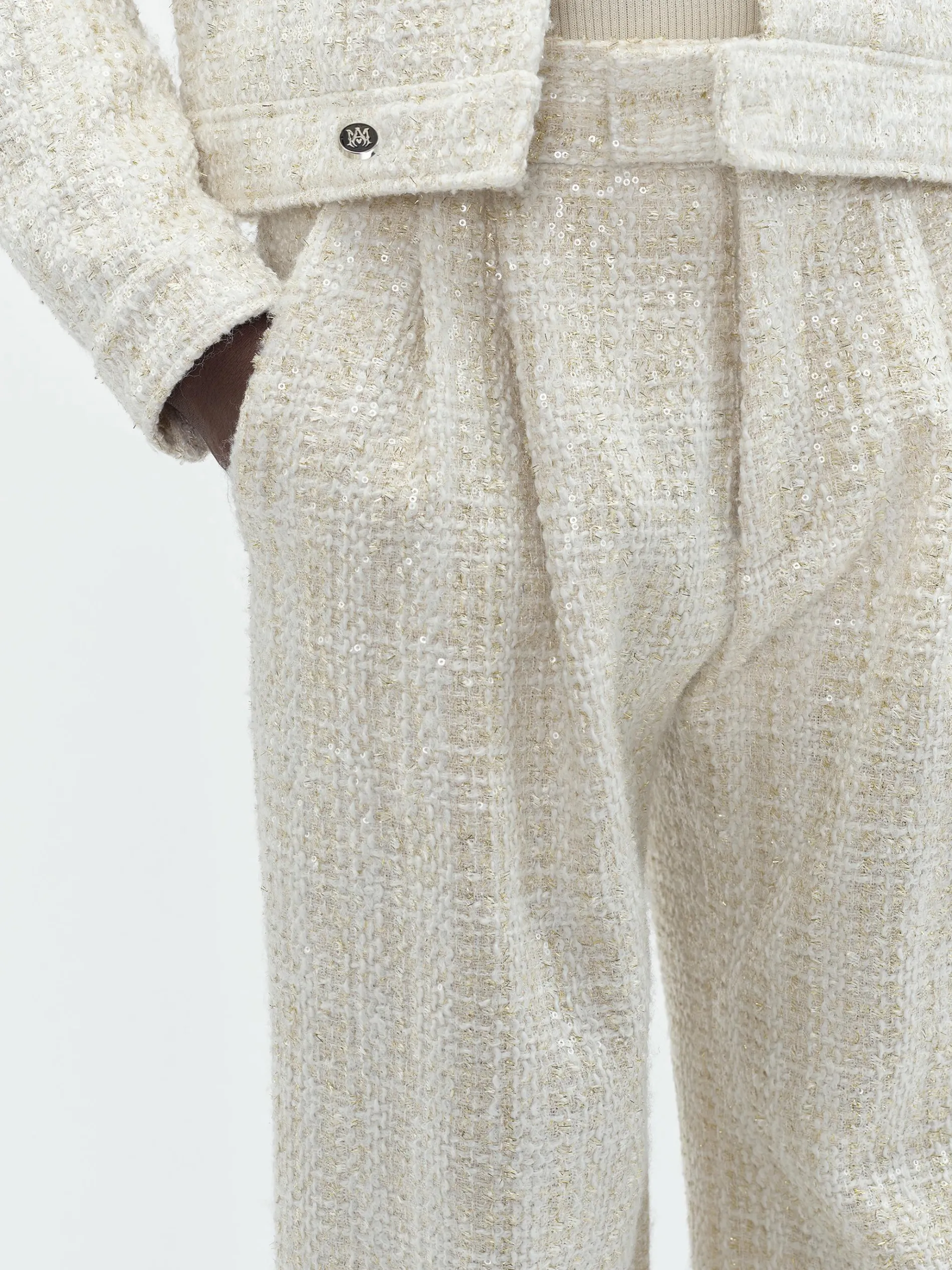 AMIRI Pants<SEQUIN BOUCLE DOUBLE PLEATED PANT Alabaster
