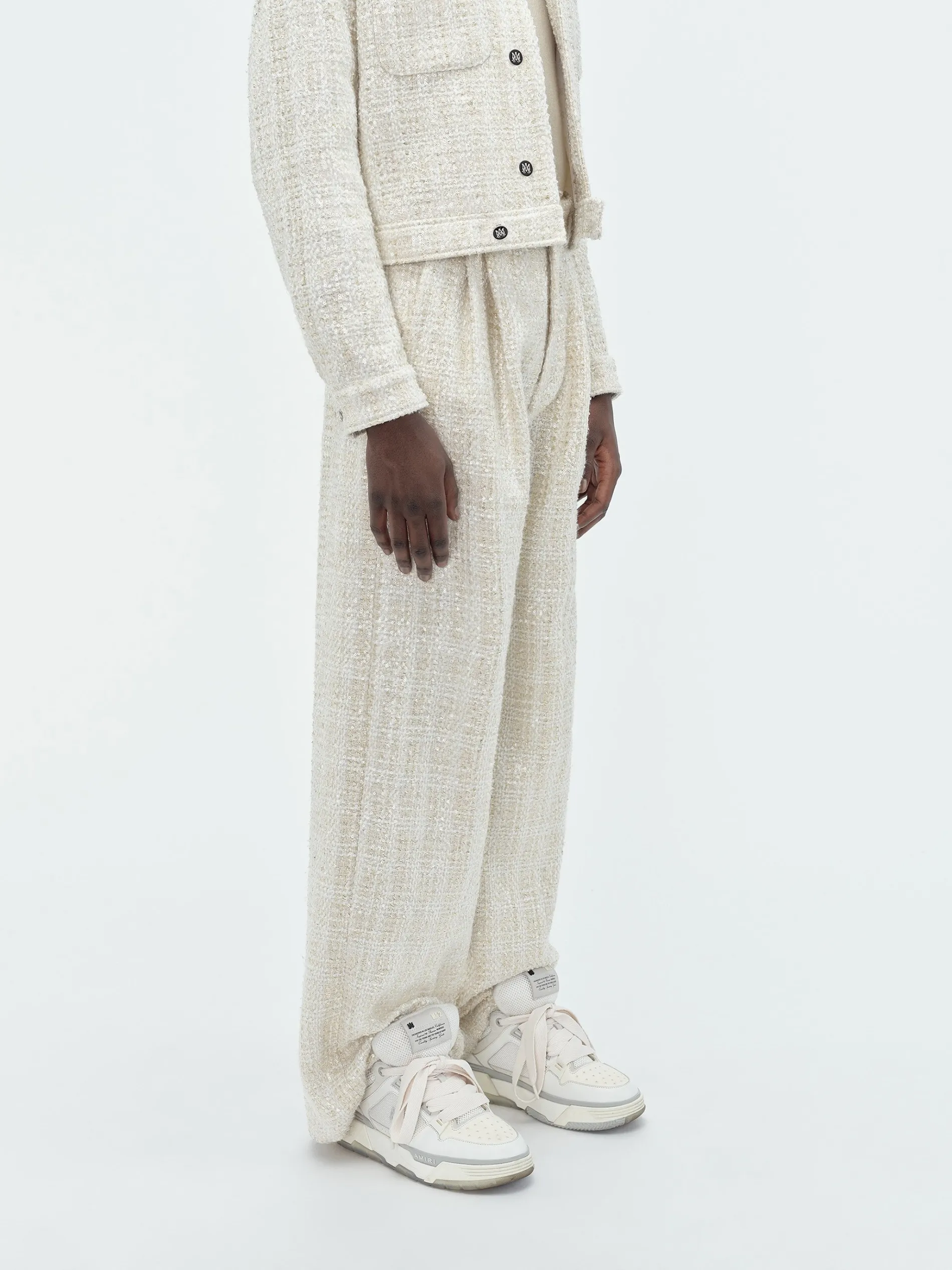 AMIRI Pants<SEQUIN BOUCLE DOUBLE PLEATED PANT Alabaster