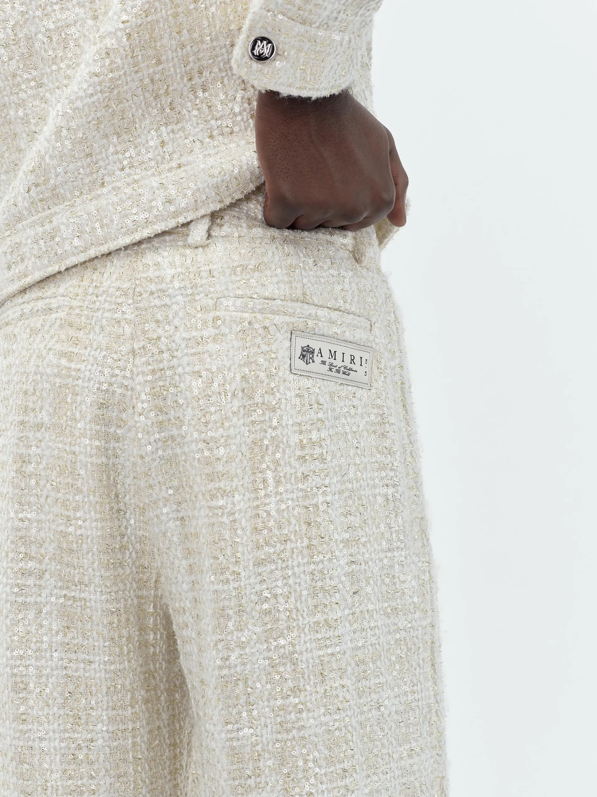 AMIRI Pants<SEQUIN BOUCLE DOUBLE PLEATED PANT Alabaster