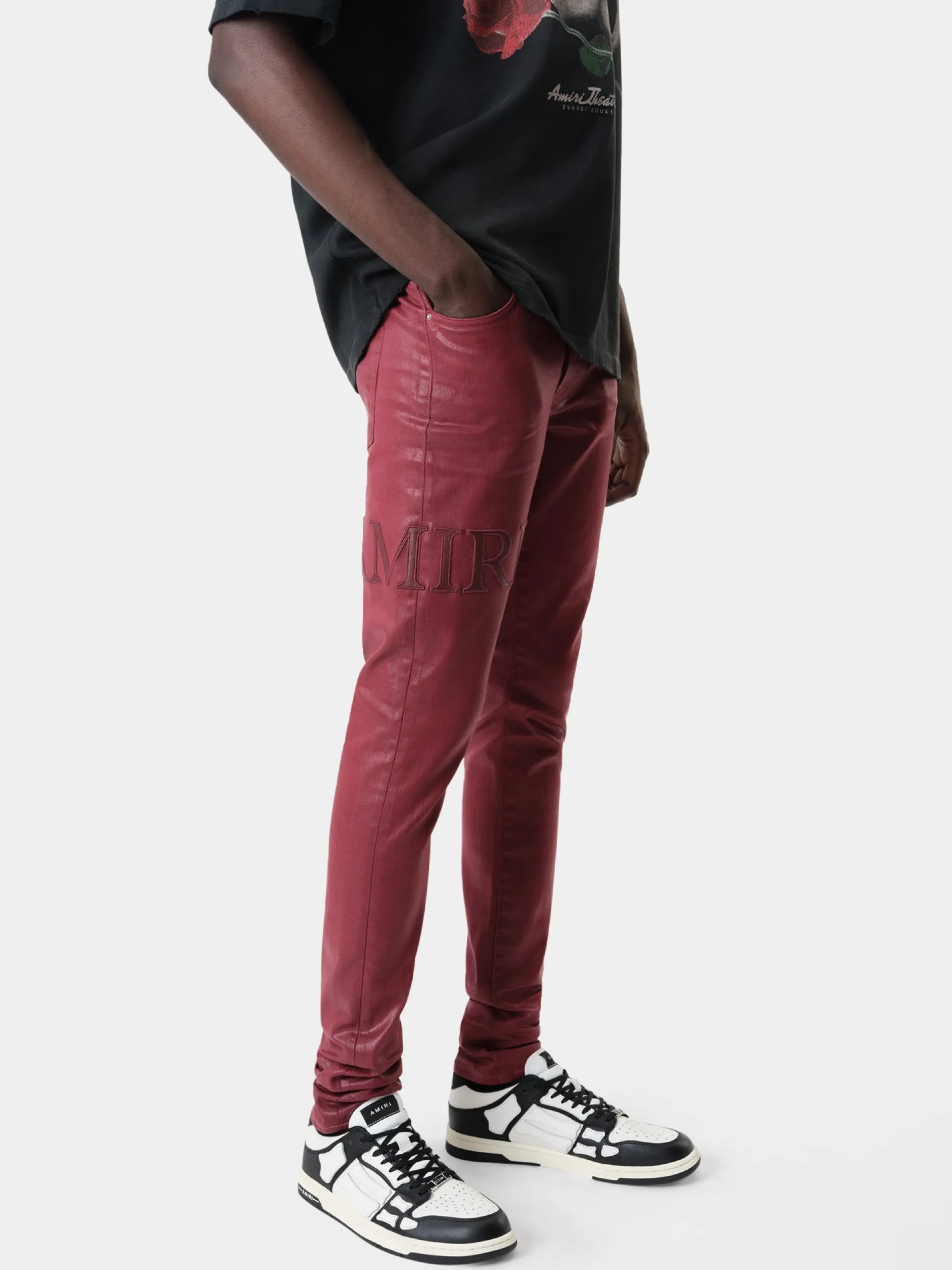 AMIRI Denim<SERIF LOGO WAX SKINNY JEAN Burgundy