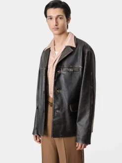 AMIRI Outerwear<TUMBLED LEATHER SINGLE BREASTED JACKET DARK BROWN