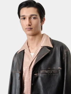 AMIRI Outerwear<TUMBLED LEATHER SINGLE BREASTED JACKET DARK BROWN
