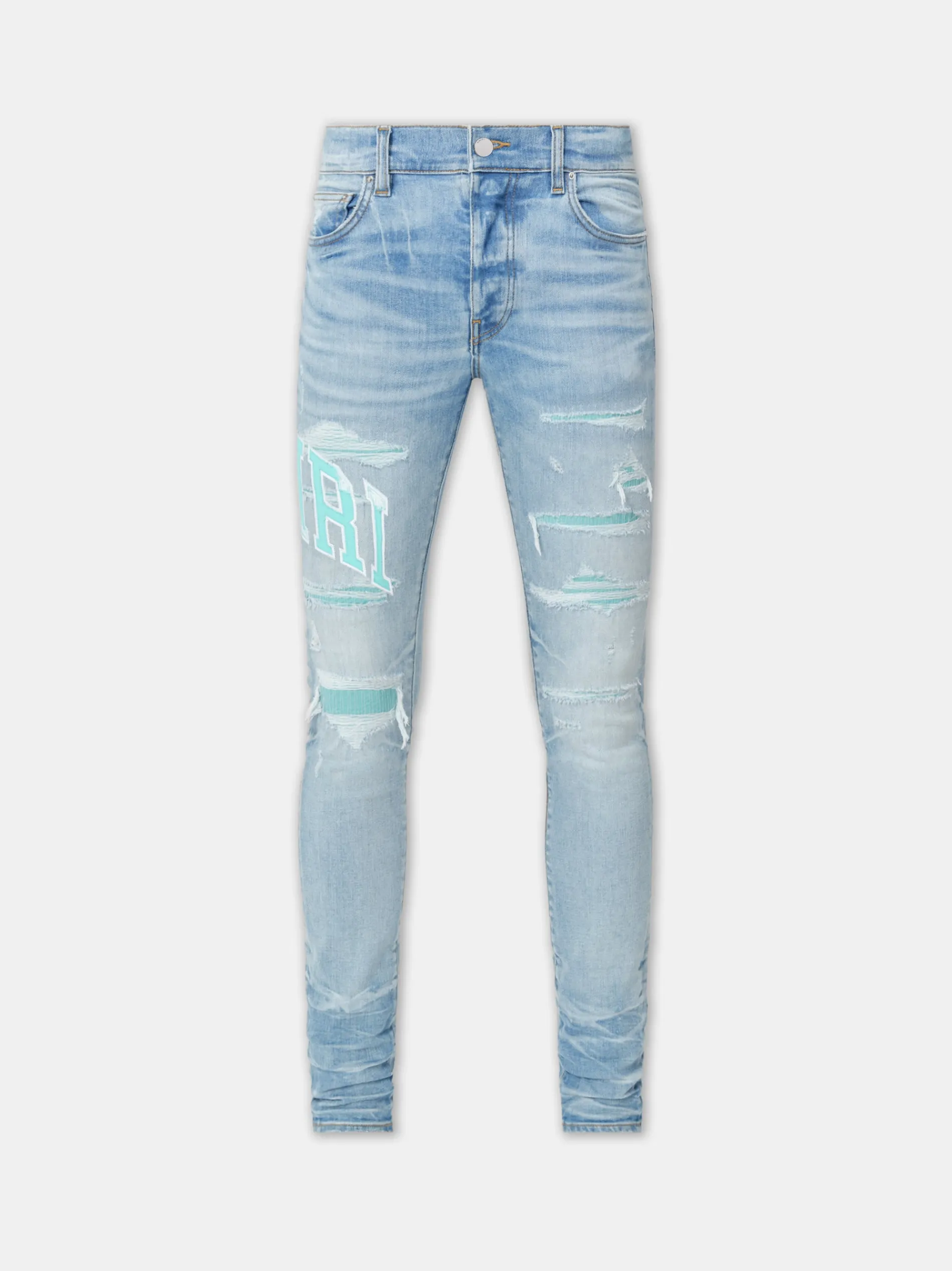 AMIRI Denim<VARSITY LOGO REPAIR JEAN PERFECT INDIGO