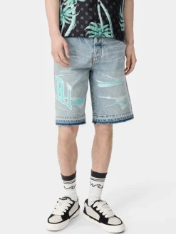 AMIRI Denim<VARSITY LOGO REPAIR SHORT PERFECT INDIGO