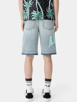 AMIRI Denim<VARSITY LOGO REPAIR SHORT PERFECT INDIGO