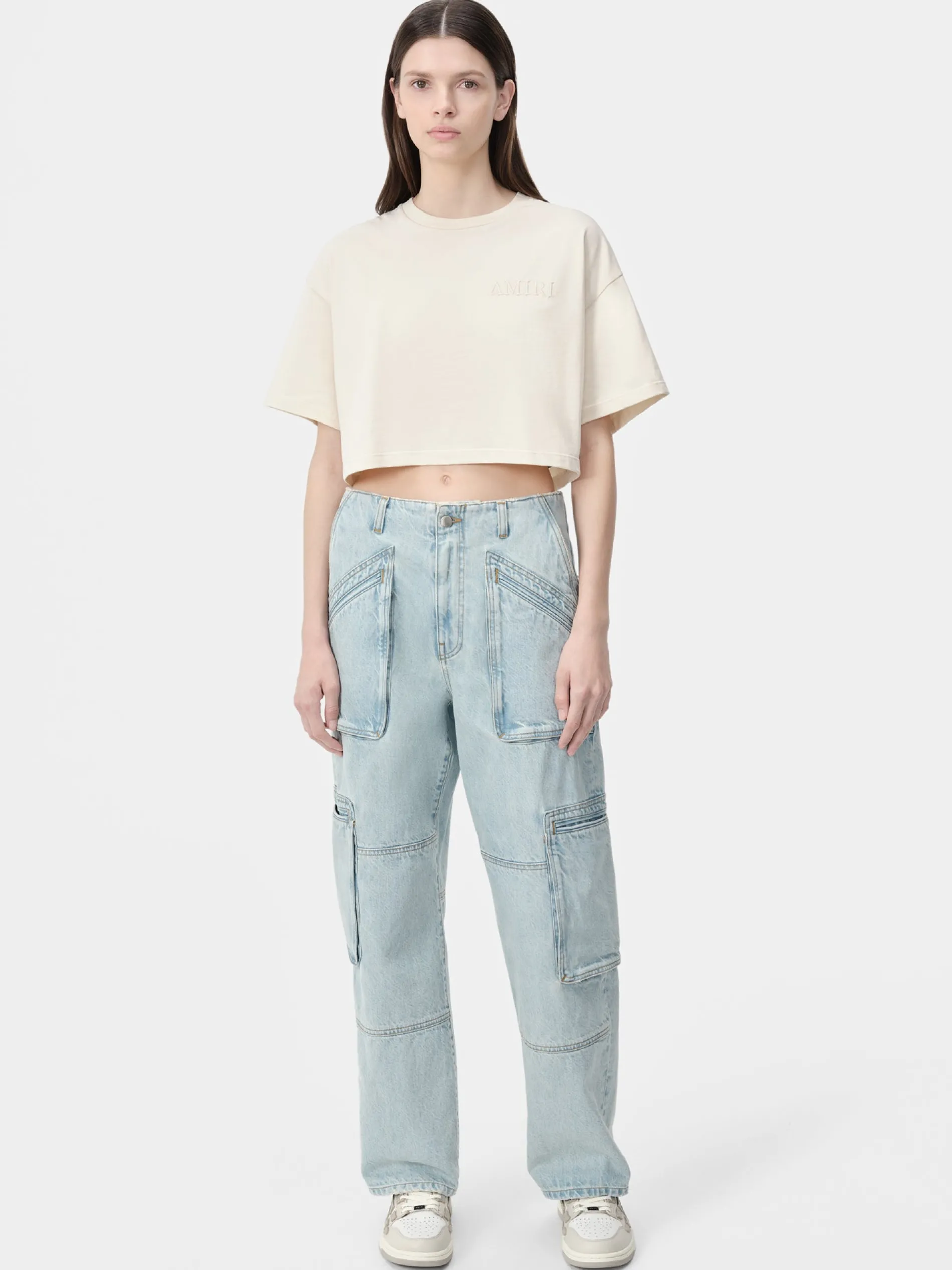 AMIRI Jersey|Tees<WOMEN'S EMBROIDERED CROPPED TEE Alabaster