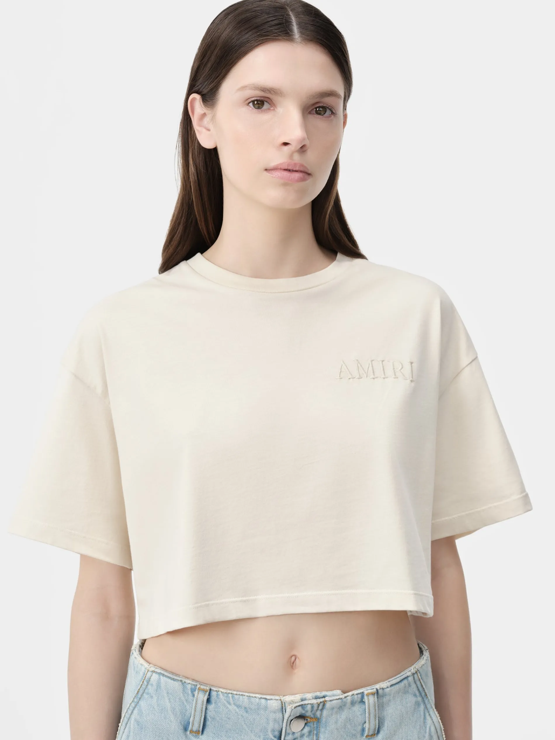 AMIRI Jersey|Tees<WOMEN'S EMBROIDERED CROPPED TEE Alabaster