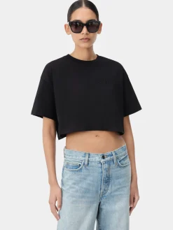 AMIRI Jersey|Tees<WOMEN'S EMBROIDERED CROPPED TEE BLACK