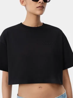 AMIRI Jersey|Tees<WOMEN'S EMBROIDERED CROPPED TEE BLACK