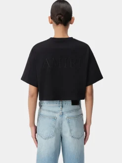 AMIRI Jersey|Tees<WOMEN'S EMBROIDERED CROPPED TEE BLACK
