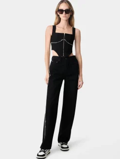 AMIRI Denim<WOMEN'S CRYSTAL STRIPE WIDE STRAIGHT BLACK OD