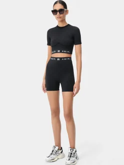 AMIRI Activewear<WOMEN'S MA RIBBED SEAMLESS S/S TOP BLACK