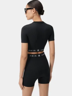 AMIRI Activewear<WOMEN'S MA RIBBED SEAMLESS S/S TOP BLACK