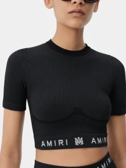 AMIRI Activewear<WOMEN'S MA RIBBED SEAMLESS S/S TOP BLACK